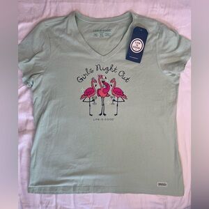 NWT Life is Good Girls' Night Out Flamingo V-Neck Crusher Tee - Mint Green XL